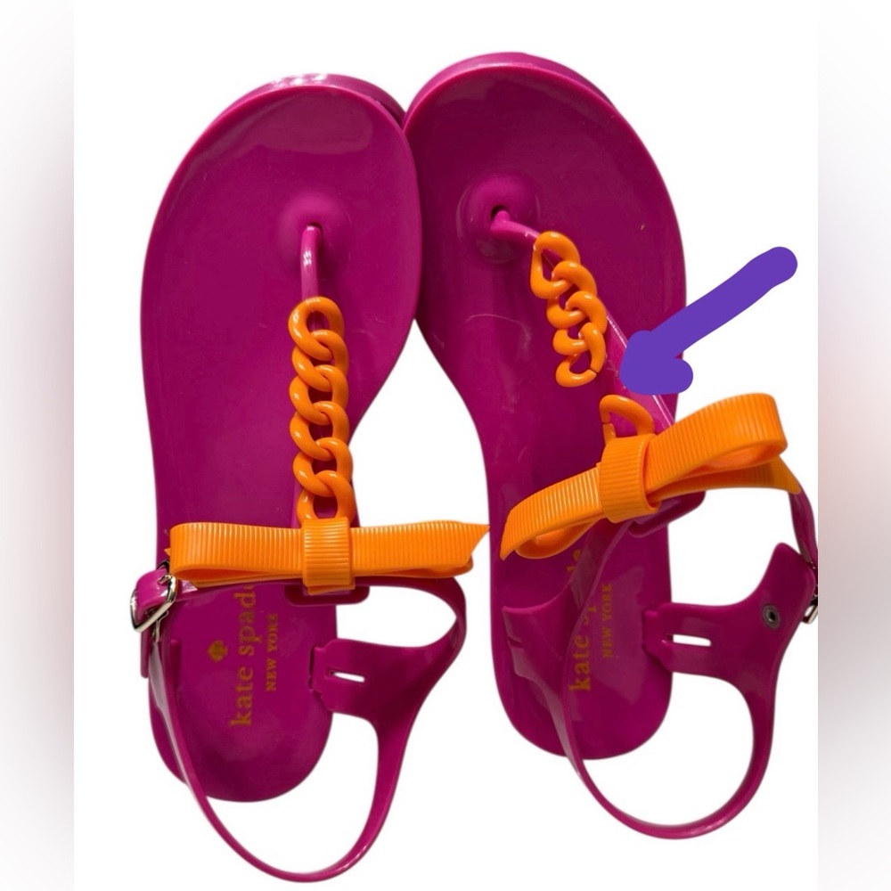 KATE SPADE NEW YORK JELLY SANDALS SIZE 5 PINK ORANGE BOW CHAIN ANKLE STRAP FLATS - Picture 10 of 10